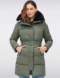 Eco-Down High Collar Vegan Puffer Jacket Cinched Waist & Detachable Hood by Saki