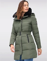Eco-Down High Collar Vegan Puffer Jacket Cinched Waist & Detachable Hood by Saki