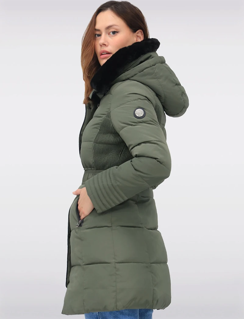 Eco-Down High Collar Vegan Puffer Jacket Cinched Waist & Detachable Hood by Saki