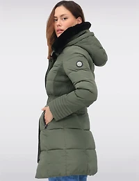 Eco-Down High Collar Vegan Puffer Jacket Cinched Waist & Detachable Hood by Saki