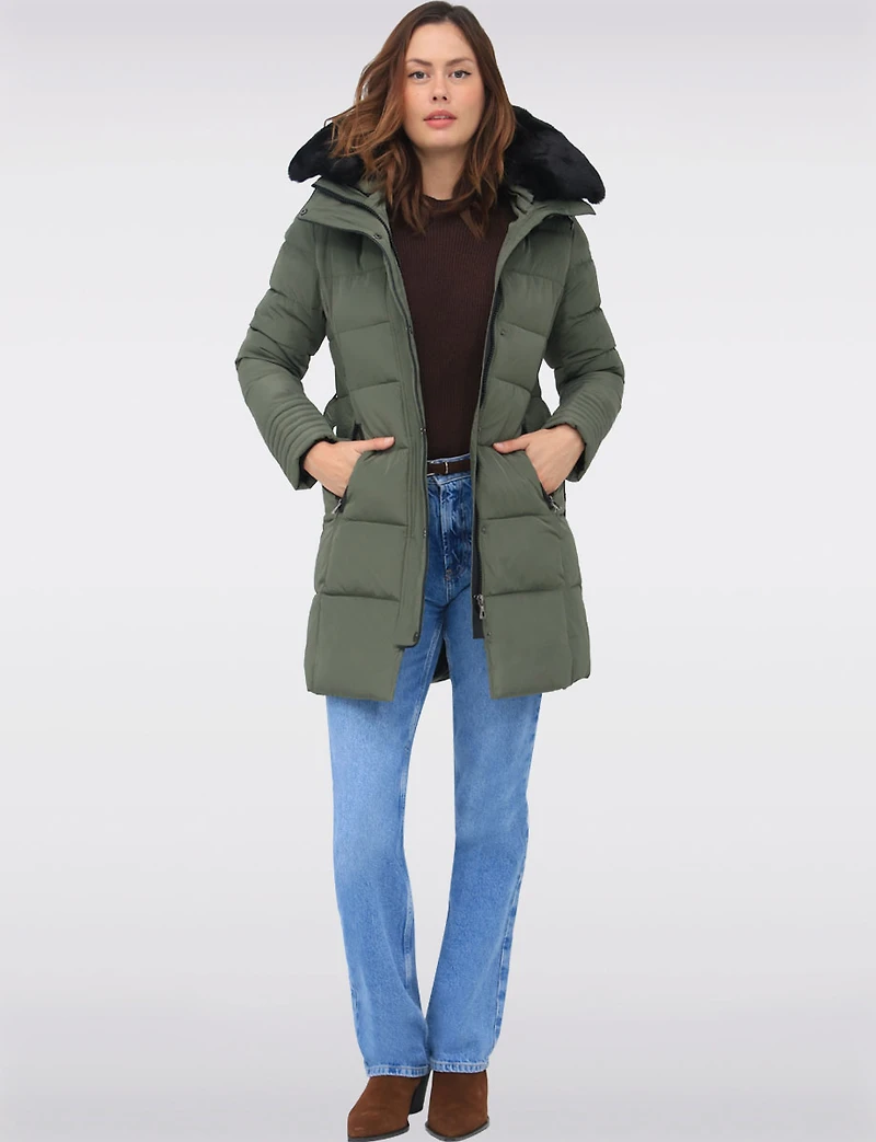 Eco-Down High Collar Vegan Puffer Jacket Cinched Waist & Detachable Hood by Saki