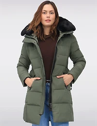 Eco-Down High Collar Vegan Puffer Jacket Cinched Waist & Detachable Hood by Saki