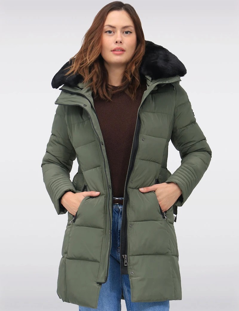 Eco-Down High Collar Vegan Puffer Jacket Cinched Waist & Detachable Hood by Saki