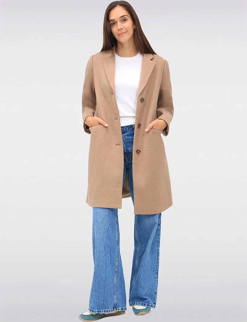 Vira Vegan Straight Cut Single-Breasted Wool Blend Coat with Notch Lapel by Saki