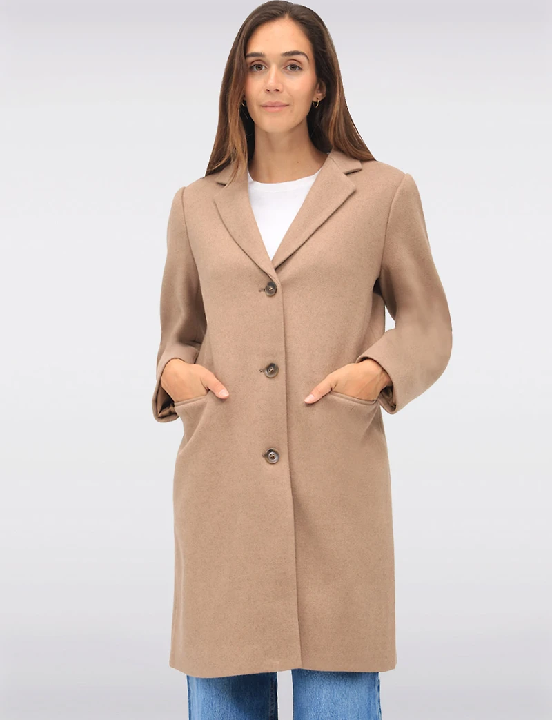 Vira Vegan Straight Cut Single-Breasted Wool Blend Coat with Notch Lapel by Saki