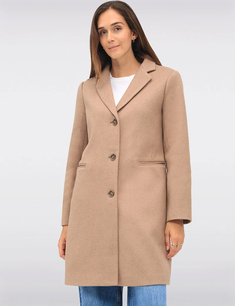 Vira Vegan Straight Cut Single-Breasted Wool Blend Coat with Notch Lapel by Saki
