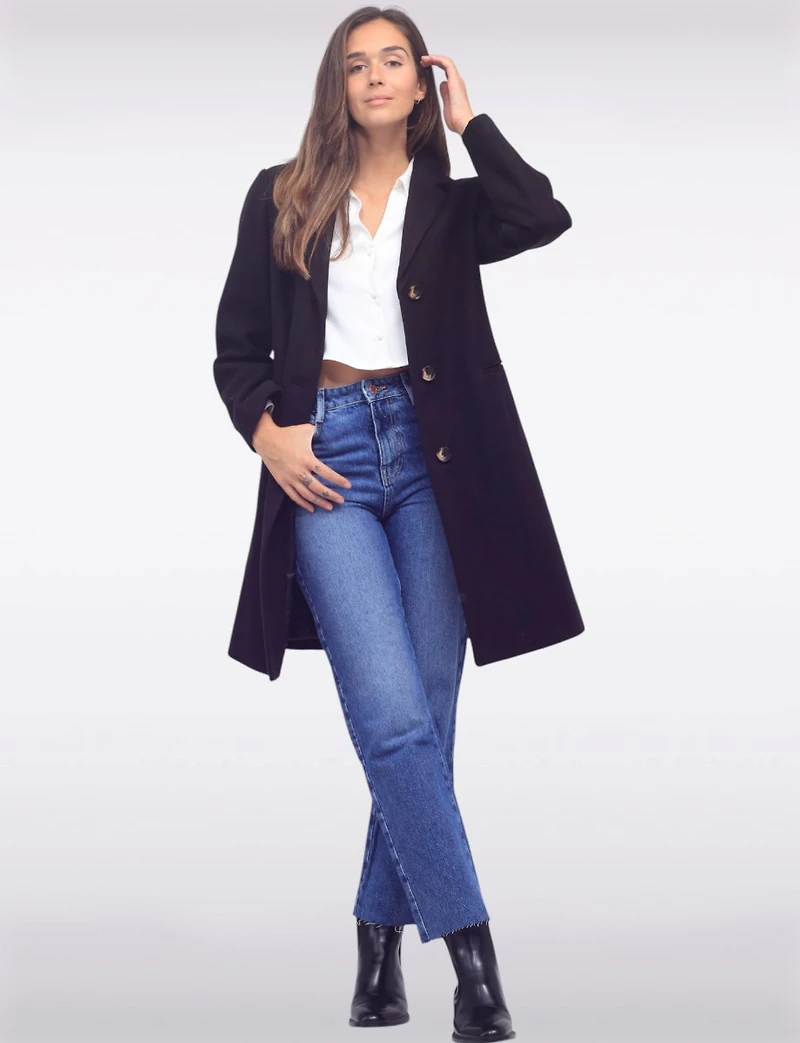 Vira Vegan Straight Cut Single-Breasted Wool Blend Coat with Notch Lapel by Saki