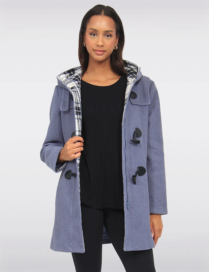 Noelle Wool Blend Quilt & Plaid Lined Hooded Toggle Closure Duffle Coat by Saki