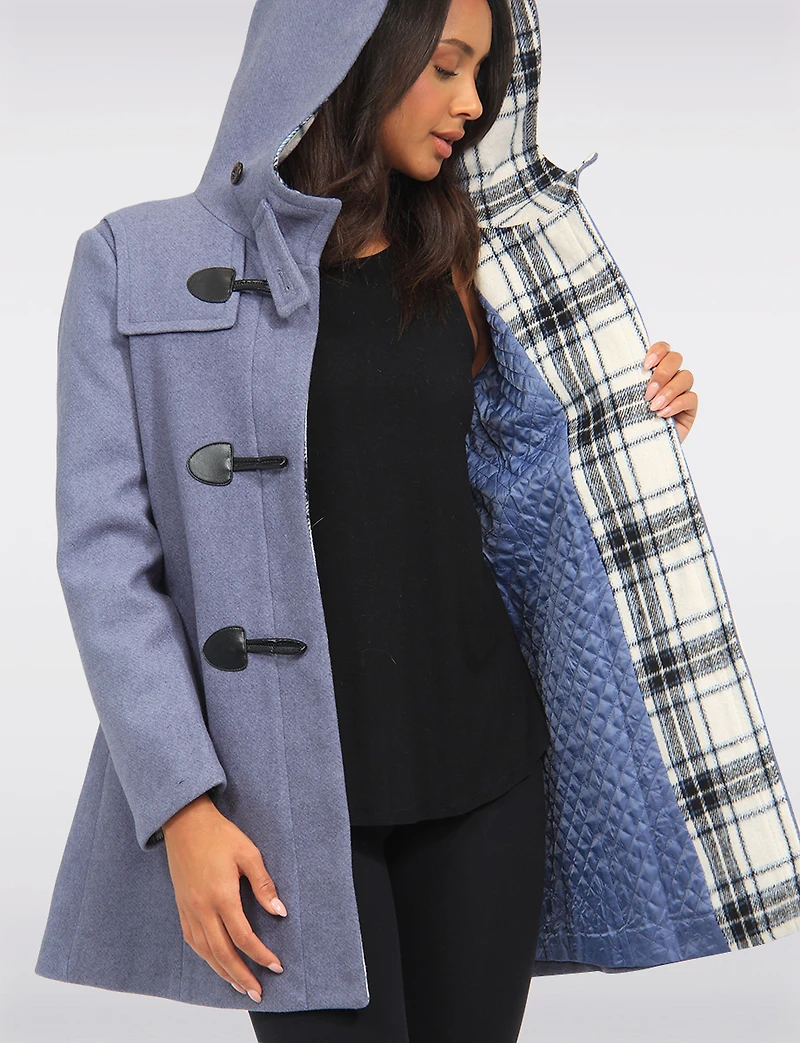 Noelle Wool Blend Quilt & Plaid Lined Hooded Toggle Closure Duffle Coat by Saki