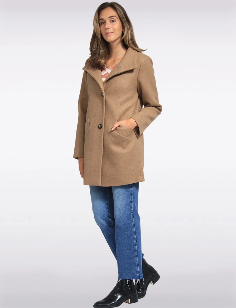Zoe Single-Breasted Wool Blend Straight Cut Coat with High Collar by Saki