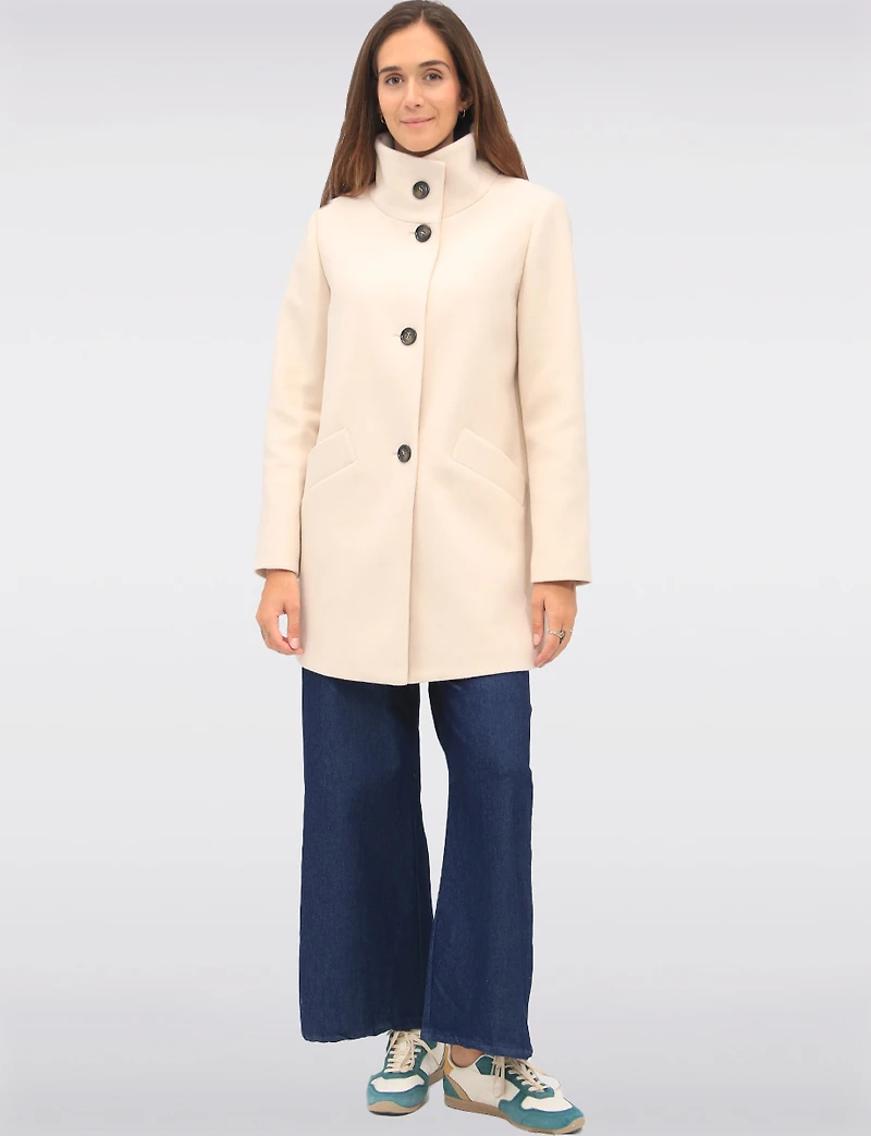 Zoe Single-Breasted Wool Blend Straight Cut Coat with High Collar by Saki