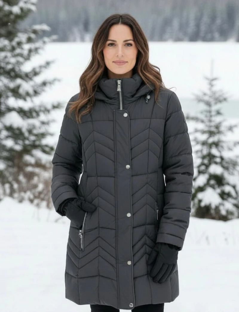 Anne Accordion Waist Vegan Polyloft® Hooded Chevron Quilted Jacket by Saki