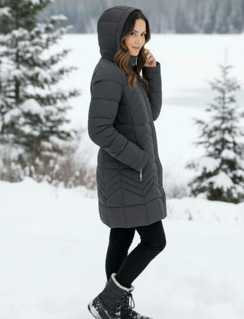 Anne Accordion Waist Vegan Polyloft® Hooded Chevron Quilted Jacket by Saki