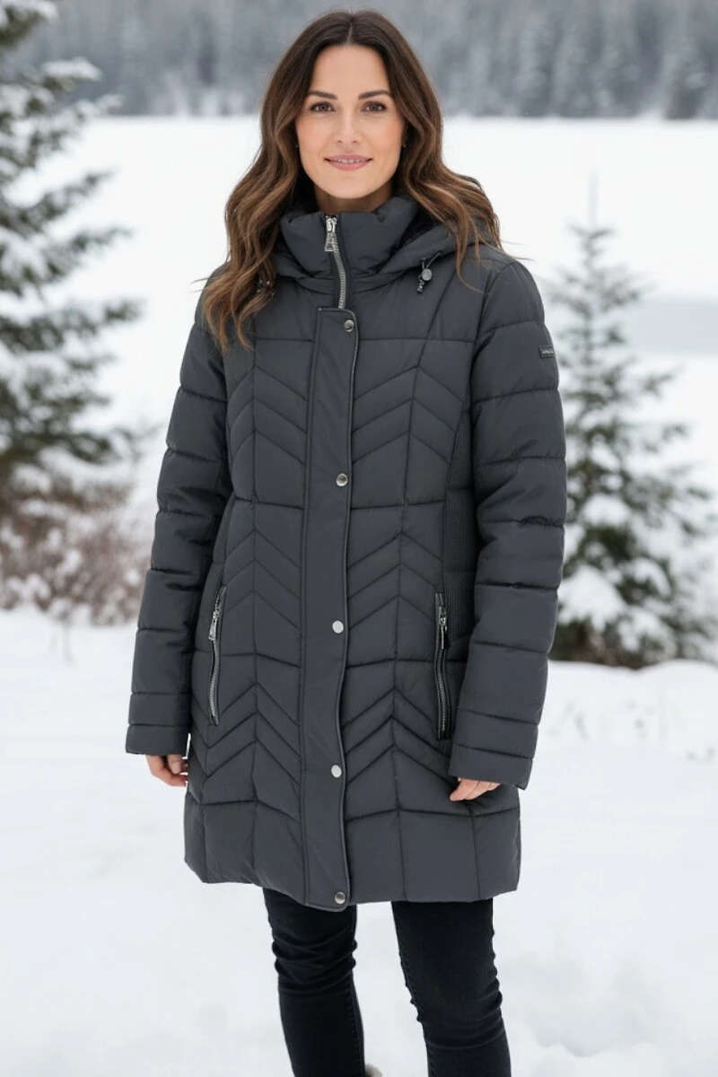 Anne Accordion Waist Vegan Polyloft® Hooded Chevron Quilted Jacket by Saki