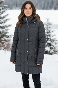 Anne Accordion Waist Vegan Polyloft® Hooded Chevron Quilted Jacket by Saki