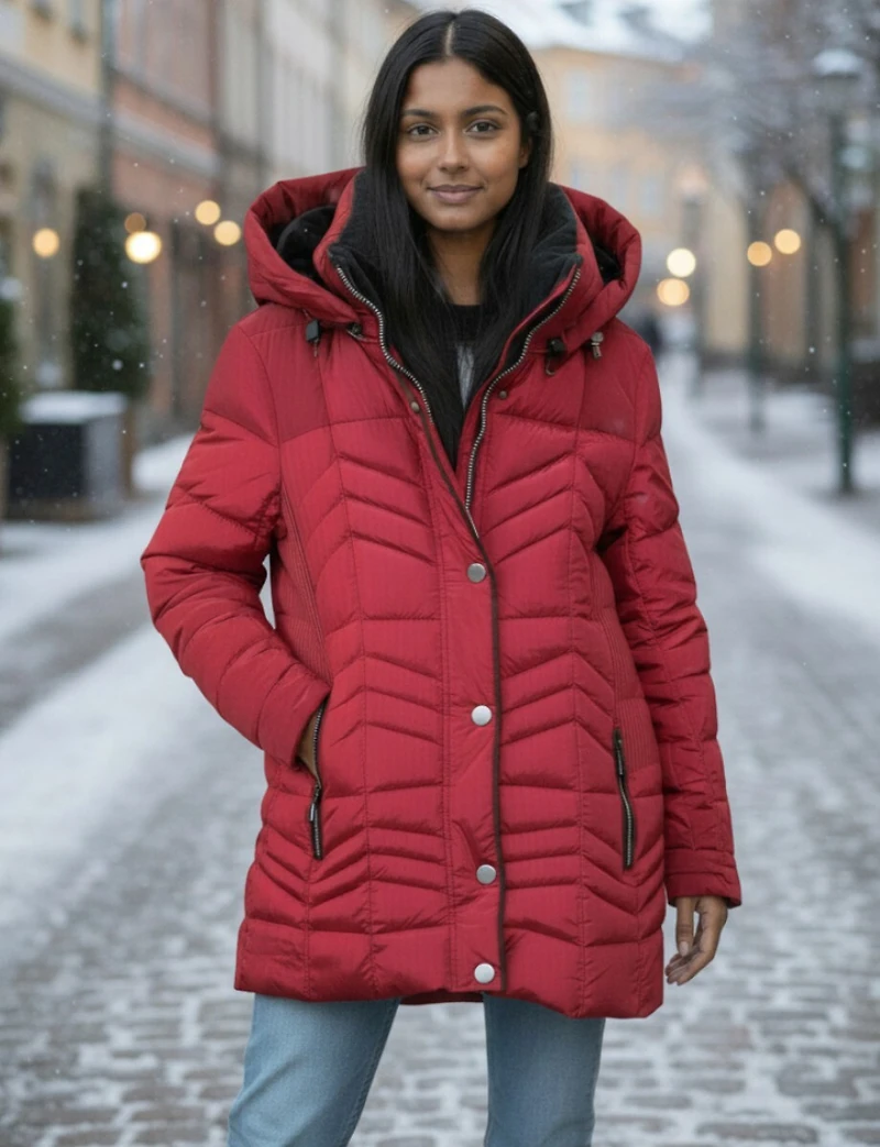 Anne Accordion Waist Vegan Polyloft® Hooded Chevron Quilted Jacket by Saki