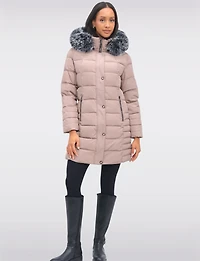 Louise Vegan Quilted Long Coat with Removable Faux-Fur-Trimmed Hood by Saki