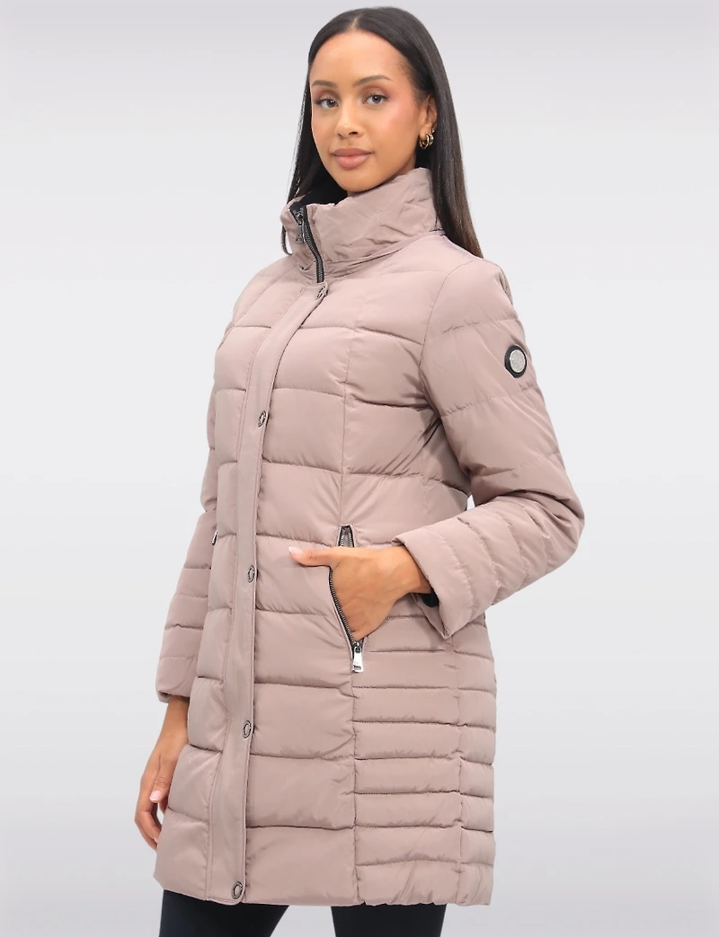 Louise Vegan Quilted Long Coat with Removable Faux-Fur-Trimmed Hood by Saki