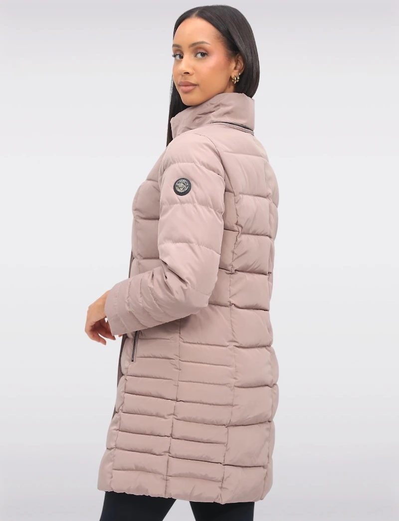 Louise Vegan Quilted Long Coat with Removable Faux-Fur-Trimmed Hood by Saki
