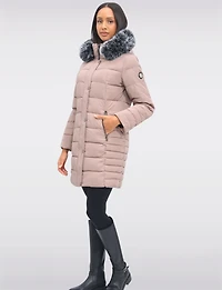 Louise Vegan Quilted Long Coat with Removable Faux-Fur-Trimmed Hood by Saki