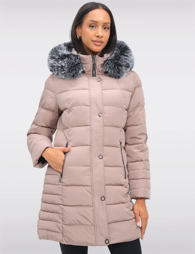 Louise Vegan Quilted Long Coat with Removable Faux-Fur-Trimmed Hood by Saki