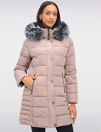 Louise Vegan Quilted Long Coat with Removable Faux-Fur-Trimmed Hood by Saki