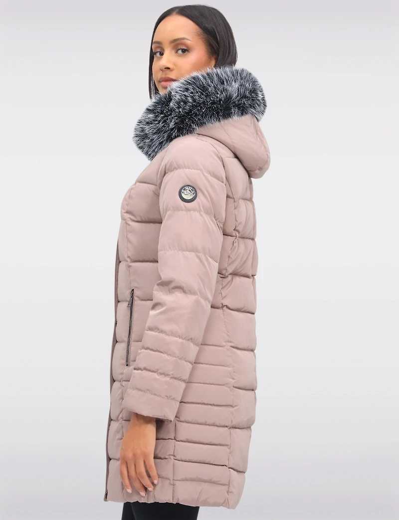 Louise Vegan Quilted Long Coat with Removable Faux-Fur-Trimmed Hood by Saki