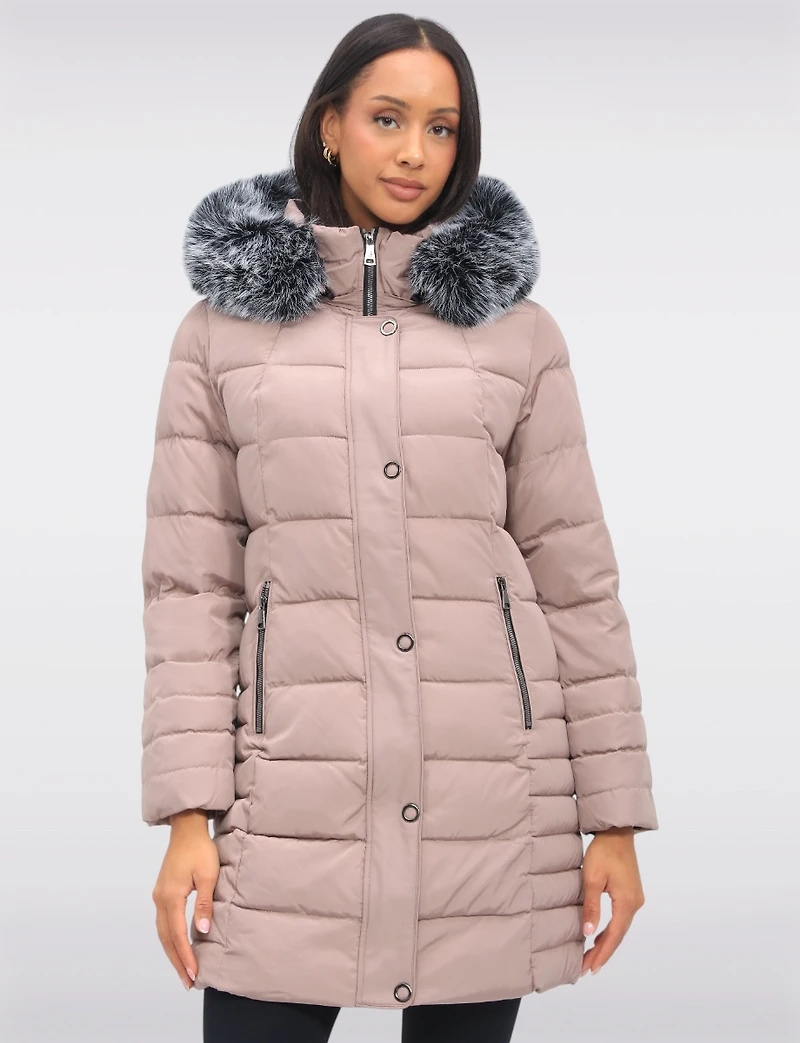 Louise Vegan Quilted Long Coat with Removable Faux-Fur-Trimmed Hood by Saki