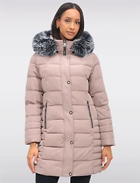 Louise Vegan Quilted Long Coat with Removable Faux-Fur-Trimmed Hood by Saki