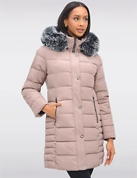 Louise Vegan Quilted Long Coat with Removable Faux-Fur-Trimmed Hood by Saki