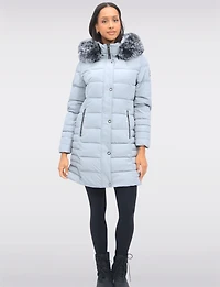 Louise Vegan Quilted Long Coat with Removable Faux-Fur-Trimmed Hood by Saki