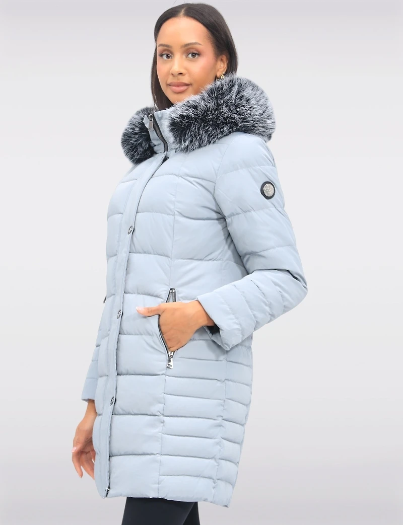 Louise Vegan Quilted Long Coat with Removable Faux-Fur-Trimmed Hood by Saki