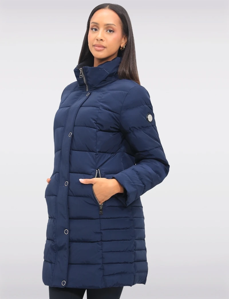 Louise Vegan Quilted Long Coat with Removable Faux-Fur-Trimmed Hood by Saki