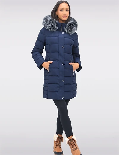 Louise Vegan Quilted Long Coat with Removable Faux-Fur-Trimmed Hood by Saki
