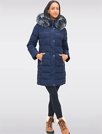 Louise Vegan Quilted Long Coat with Removable Faux-Fur-Trimmed Hood by Saki