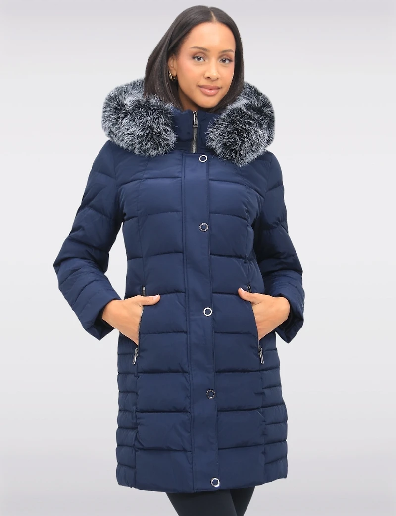 Louise Vegan Quilted Long Coat with Removable Faux-Fur-Trimmed Hood by Saki