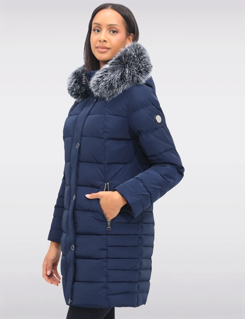 Louise Vegan Quilted Long Coat with Removable Faux-Fur-Trimmed Hood by Saki
