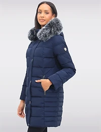 Louise Vegan Quilted Long Coat with Removable Faux-Fur-Trimmed Hood by Saki