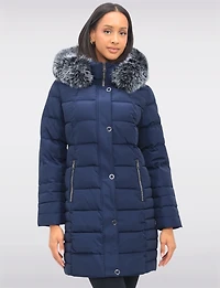 Louise Vegan Quilted Long Coat with Removable Faux-Fur-Trimmed Hood by Saki