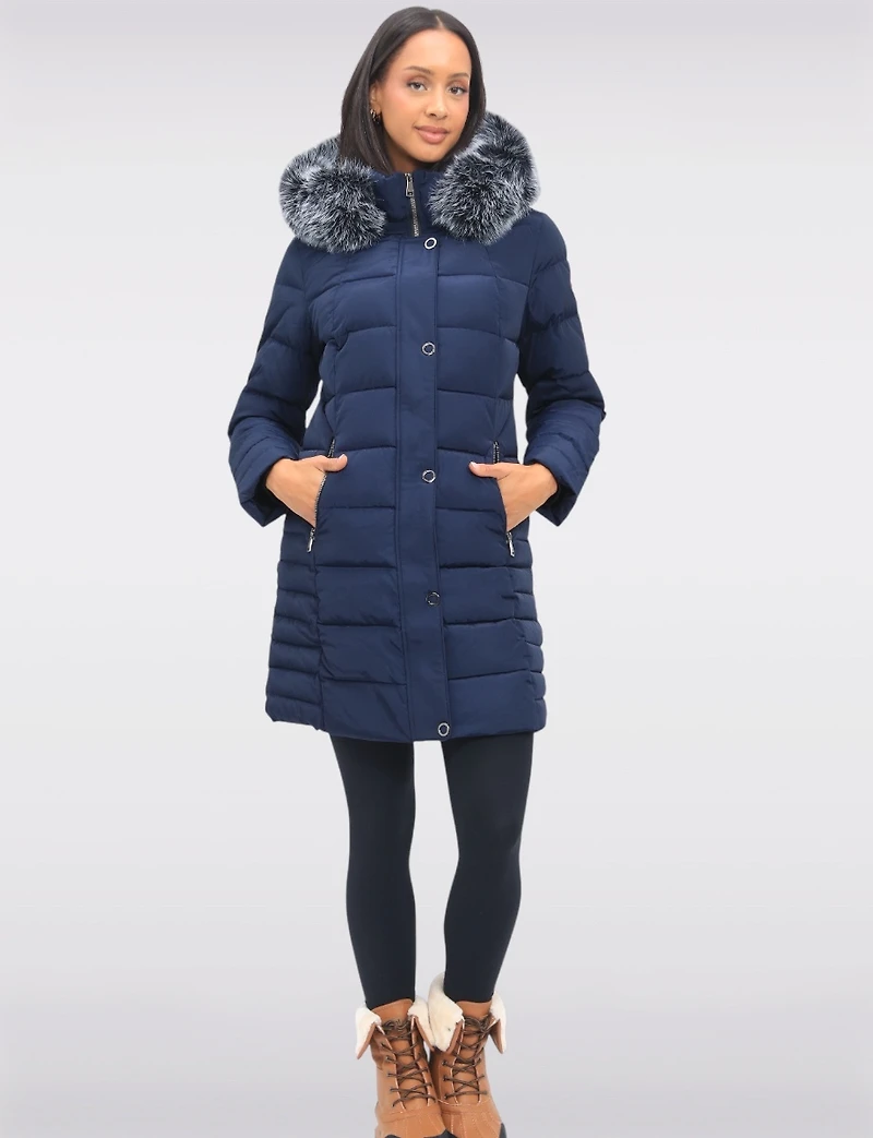 Louise Vegan Quilted Long Coat with Removable Faux-Fur-Trimmed Hood by Saki