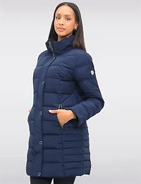 Louise Vegan Quilted Long Coat with Removable Faux-Fur-Trimmed Hood by Saki