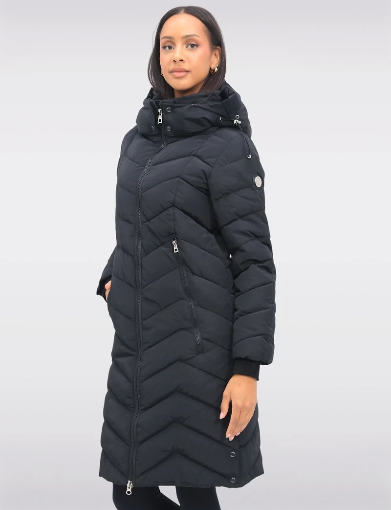 Adele Vegan Chevron-Quilted Long Coat with Detachable Hood & Side Slits by Saki