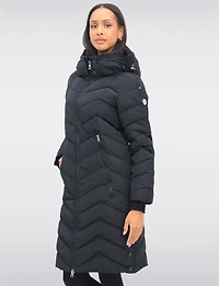Adele Vegan Chevron-Quilted Long Coat with Detachable Hood & Side Slits by Saki