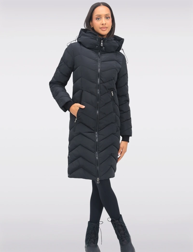 Adele Vegan Chevron-Quilted Long Coat with Detachable Hood & Side Slits by Saki