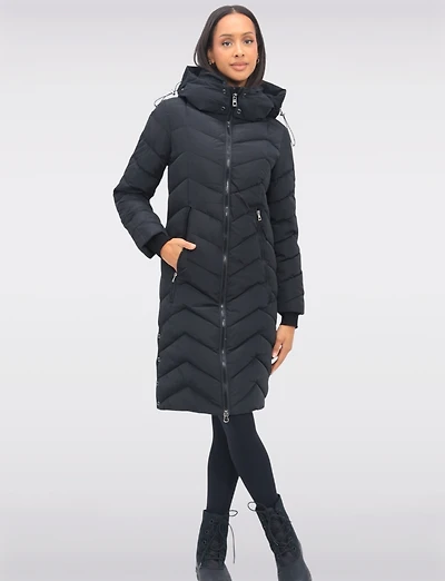 Adele Vegan Chevron-Quilted Long Coat with Detachable Hood & Side Slits by Saki