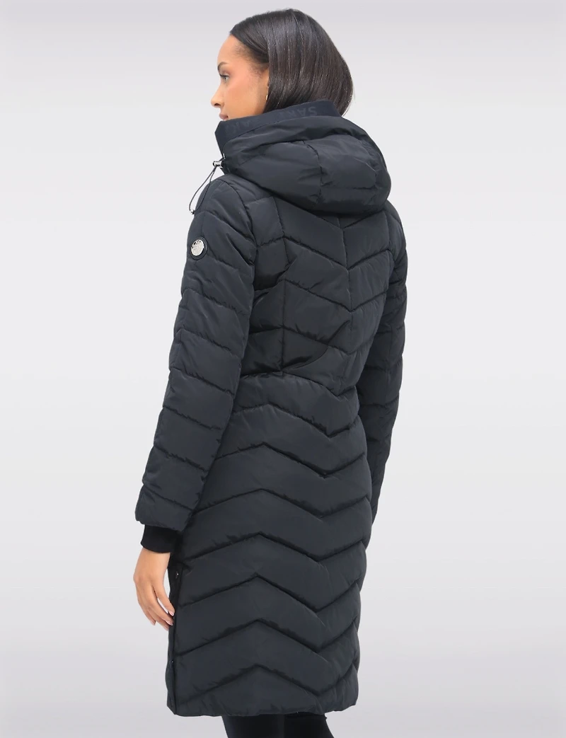 Adele Vegan Chevron-Quilted Long Coat with Detachable Hood & Side Slits by Saki