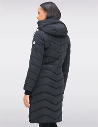 Adele Vegan Chevron-Quilted Long Coat with Detachable Hood & Side Slits by Saki