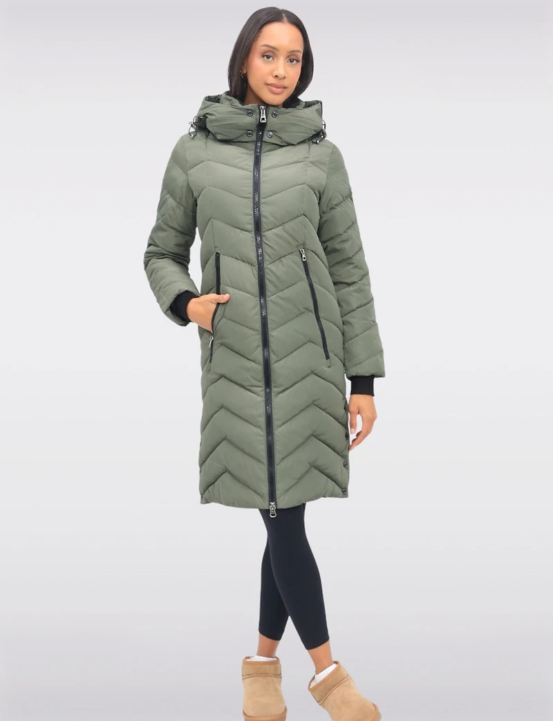 Adele Vegan Chevron-Quilted Long Coat with Detachable Hood & Side Slits by Saki