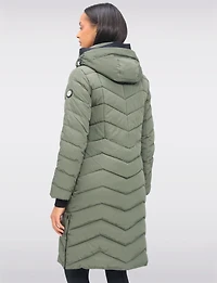 Adele Vegan Chevron-Quilted Long Coat with Detachable Hood & Side Slits by Saki