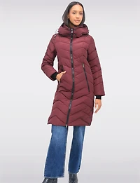 Adele Vegan Chevron-Quilted Long Coat with Detachable Hood & Side Slits by Saki